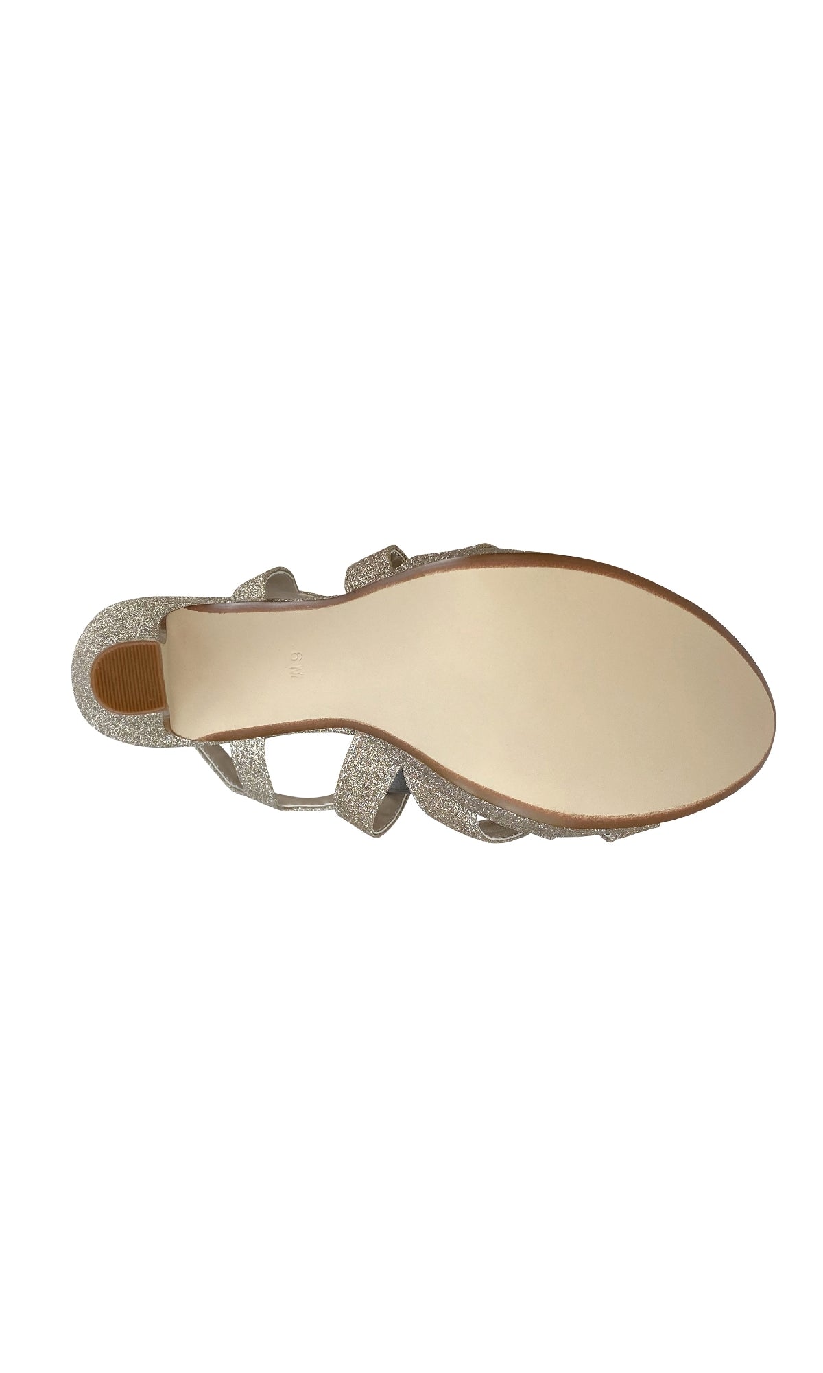 The image shows the bottom view of the Queenie Champagne Glitter Prom Shoes: Touch Ups 4223, featuring a flat, smooth beige sole and glittery silver straps—ideal for anyone who loves sparkling prom footwear.